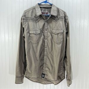 Wrangler Rock 47 Men's Size L Pearl Snap Shirt Bull Skull Western Taupe